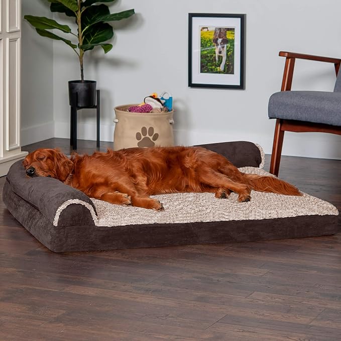 Furhaven Memory Foam Dog Bed for Large Dogs w/ Removable Bolsters & Washable Cover, For Dogs Up to 95 lbs - Two-Tone Plush Faux Fur & Suede L Shaped Chaise - Espresso, Jumbo/XL