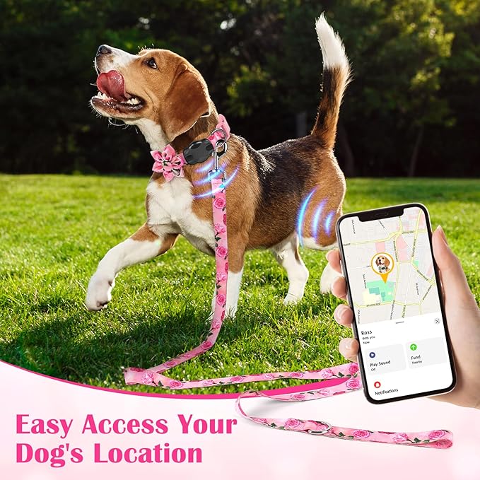 Airtag Dog Collar for Small Dogs, Rose-Pink Dog Collars Girl with AirTag Holder Waterproof Airtag Case, Including Flower Spring Dog Collar Bowtie, for All Female Dogs 