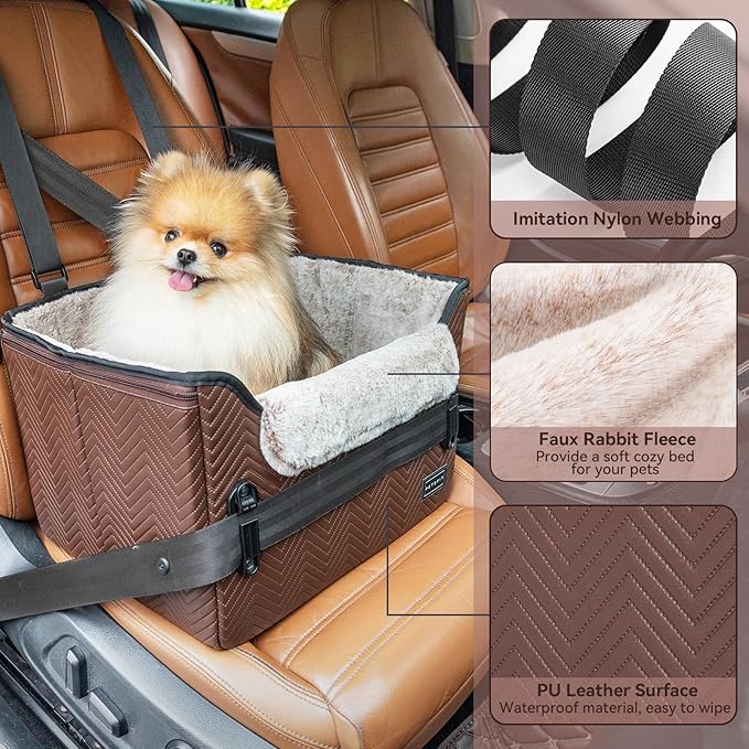 PETSFIT Car Seat for Dogs, Waterproof PU Leather Dog Car Seat for Small Dogs with Patented Safe Buckles, Clip-On Leash, Pet Travel Carrier Bed for Small Pets Up to 25lbs (Brown)