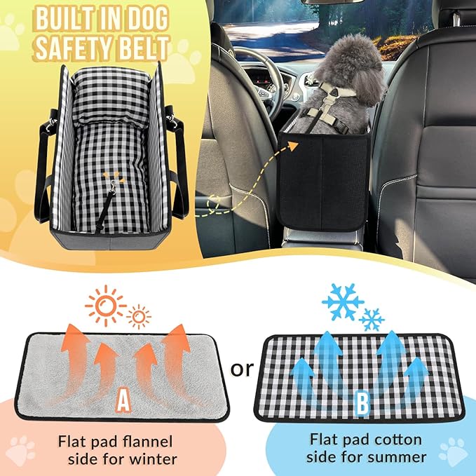 SlowTon Console Dog Car Seat - Portable Dogs Armrest Booster Seat for Small Dog, Anti-Collapse Pet Car Seat with Soft Cushion Safety Belt, Support Pet Up to 11lbs (Black)