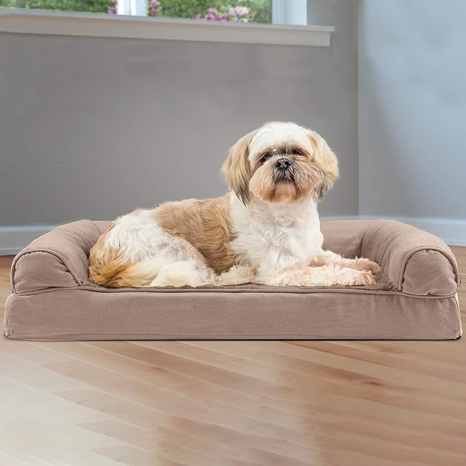 Furhaven Orthopedic Dog Bed for Medium/Small Dogs w/ Removable Bolsters & Washable Cover, For Dogs Up to 35 lbs - Plush & Suede Sofa - Almondine, Medium