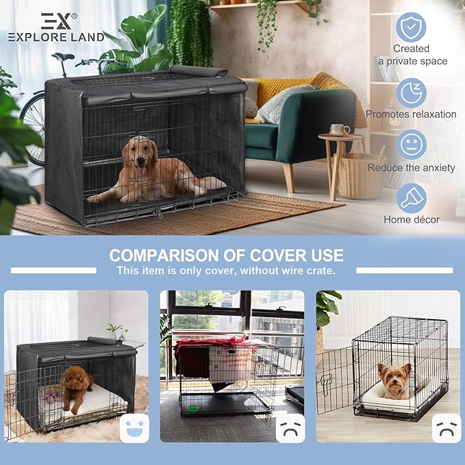 Explore Land Dog Crate Cover for 24 Inches Wire Cage, Heavy-Duty Lattice Pet Kennel Enclosure Compatible with 1 2 3 Doors Standard Metal Cage (Black)
