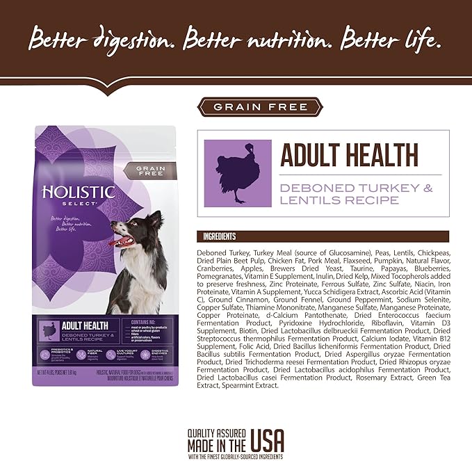 Holistic Select Natural Grain Free Dry Dog Food, Deboned Turkey & Lentils Recipe, 4-Pound Bag