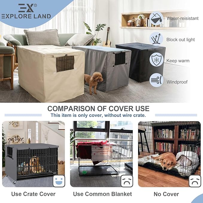 Explore Land 54 inches Dog Crate Cover Heavy Duty Polyester Pet Kennel Sunshade Universal Fit for Wire Cage (Grey)