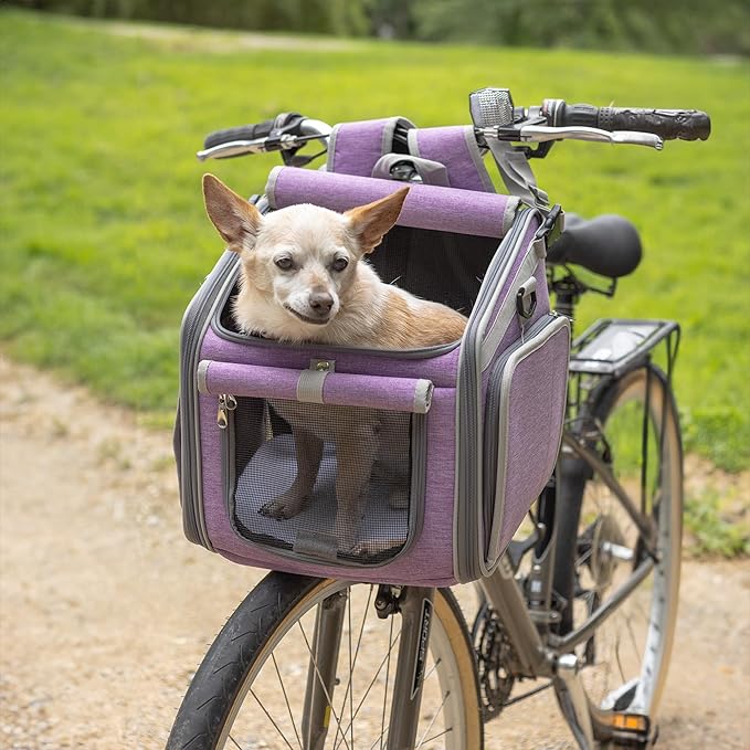 Dog Bike Basket, Mesh Windows, 2 Safety Leashes, Soft Sided, Safe Comfortable Pet Carrier for Small Dogs, Cats (Purple)