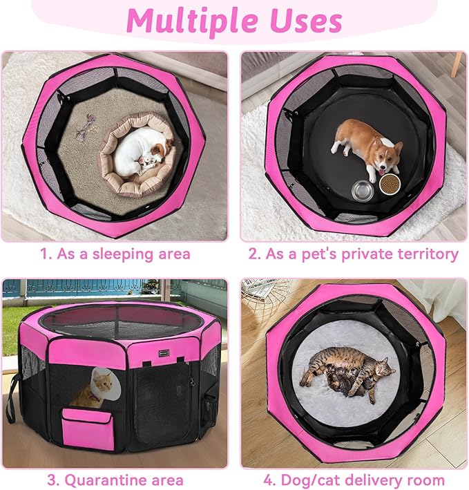 PETSFIT Portable Dog Playpen, 29" Dia Puppy Playpen with Zipper Removable Mesh Top Cover and Leakproof Playpen Bottom Mat-Cat Playpen Indoor/Outdoor for Cats,Dogs&Small Animals