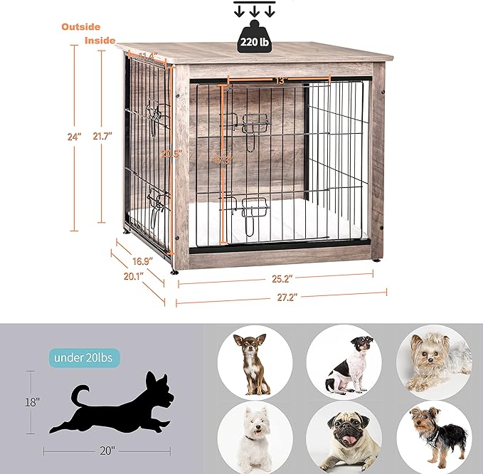 DWANTON Dog Crate Furniture with Cushion, Wooden Dog Crate with Double Doors, Dog Furniture, Dog Kennel Indoor for Small/Medium/Large Dog,End Table, Small, 27.2" L, Greige