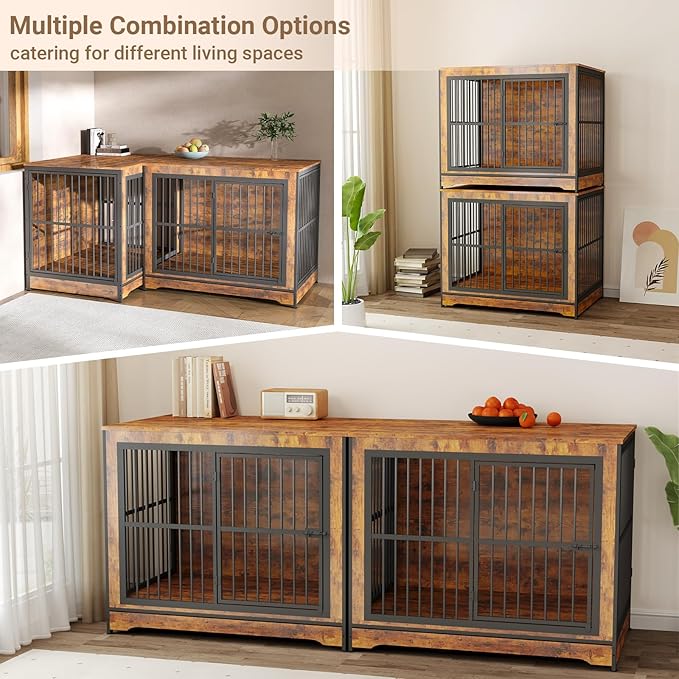 Rovibek Double Dog Crate Furniture, 86 Inch, 2 Dog Crate with Removable Divider & Trays, Furniture Style Dog Cage for 2 Dogs Indoor with Three Doors, Rustic Brown