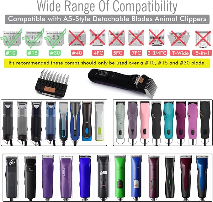 Professional A5 Style Animal Clipper Stainless Steel Color-Coded Snap-on Attachment Guard Guide Comb, 1/8"-1" Compatible with Wahl KM Series Oster A5 Andis Detachable Blade Pet Groomers (#4 - 1/2")