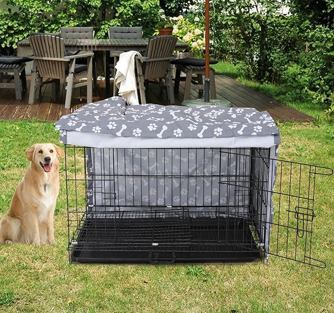 Dog Crate Cover for Wire Crates, Heavy Nylon Waterproof, Fits Most 48" inch Dog Crates, Easy to Put On, Take Off, and Adjust - Cover only - GrayPaw - M