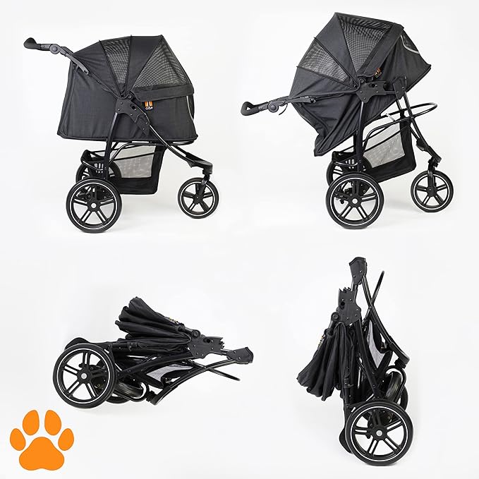 COOPER dog & pet robust buggy, jogger holds up to 32 kg / 70lbs, easy fold, multi-height adjustable soft touch handle, reflective accents, mesh inserts, zippered exits, storage basket below