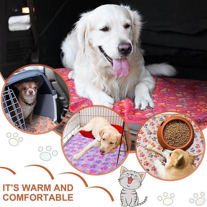 Tatuo 4 Pcs Dog Blanket Pet Puppy Blanket Puppy Teething Toys Paw Print Fleece Blanket for Pet Cat Soft Warm Sleep Mat Guinea Pig Cage Blanket(Midwest (24 x 47 Inch),White, Coffee, Pink, Purple)