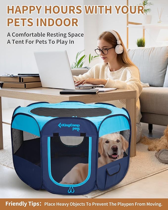 KingCamp Dog Playpen, Portable Foldable Cat Kitten Puppy Tent Crates 29"/36"/50" Pop Up Pet Playpen with Zippered Bottom & Cover for Indoor Outdoor Use (Medium, Blue)