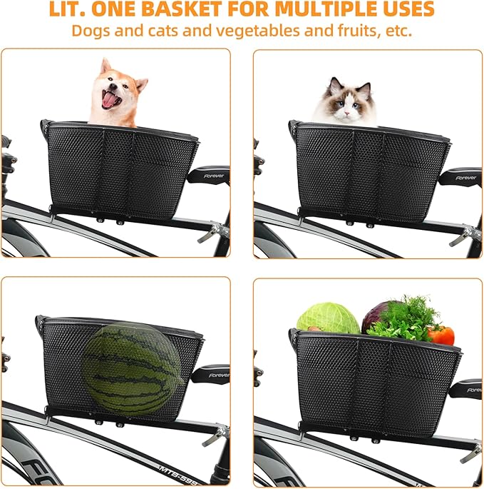 Dog Bike Basket,Soft-Sided Pet Bicycle Carrier Wiith Safety Strap,Pet Travel Bag,Quick Detachable Breathable Bicycle Basket Bag,Ride Bicycle Basket for Dogs and Cats Up to 16lbs, Black1