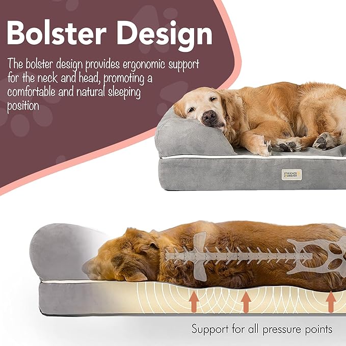 Friends Forever Large Dog Bed, Orthopedic Dog Sofa Memory Foam Mattress, Calming Dog Couch Bed, Wall Rim Pillow, Water Resistant Liner, Washable Cover, Non-Slip Bottom, Chester, Large Cocoa Brown