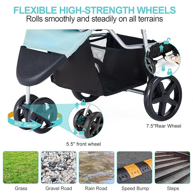 Pet Stroller for Medium Small Dogs and Cats, Folding Puppy Stroller Dog Cat Cage Jogger Stroller with Cup Holder and Storage Basket, 3 Wheels, Light Blue
