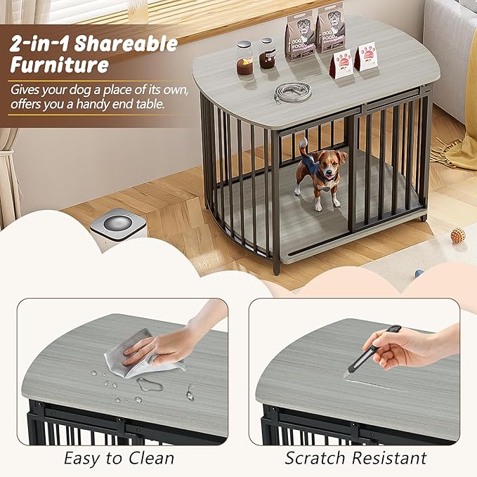 Merax 31.5" Furniture Style Dog Crate for Small and Medium Dogs, Wooden Cage Indoor Kennel Furniture, Modern Dog Crate End Table with Double-Doors, Gray