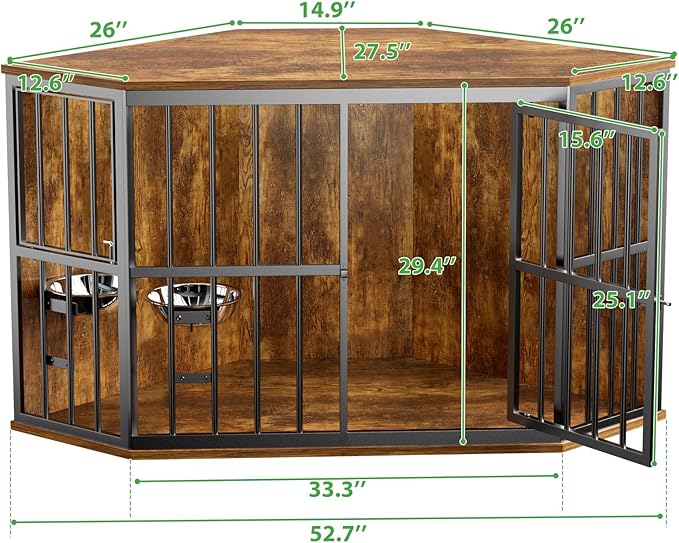 Large Dog Crate Furniture, 53โ Heavy Duty Corner Dog Crate with 2 Stainless Steel Bowls, Dog Kennel Furniture Style House, Wooden Decorative Pet House End Side Table, Chew-Resistant, Rustic