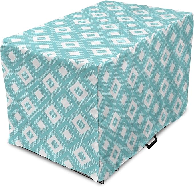 Lunarable Geometric Dog Crate Cover, Nested Diagonal Squares with Tiny Polka Dots Symmetric Repetition, Easy to Use Pet Kennel Cover for Small Dogs Puppies Kittens, 22 Inch, White and Pale Teal