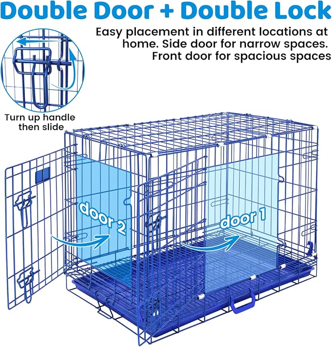 Homey Pet Dog Crates for Medium Dogs, Collapsible Small Dog Cage, Nano-Coating Metal Wire Dog Kennel Indoor with Removable Floor Grid and Tray, Double Doors Dual Locks, GOLD36+BLUE30 Bundle