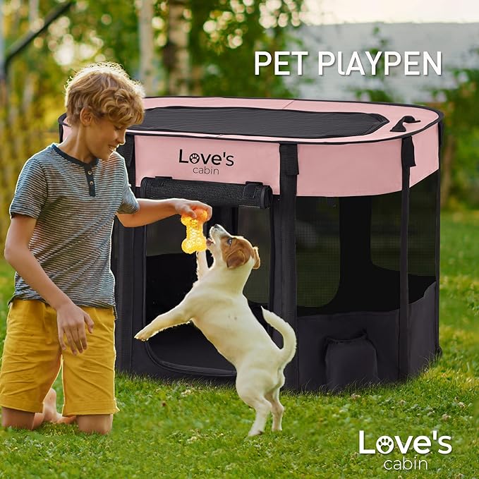 Love's cabin Pet Puppy Dog Playpen, Medium Dog Tent Crates Cage Indoor/Outdoor, Portable Exercise Playpen for Cat, Foldable Pop Up Dog Kennel Playpen with Carring Case (M, Pink)