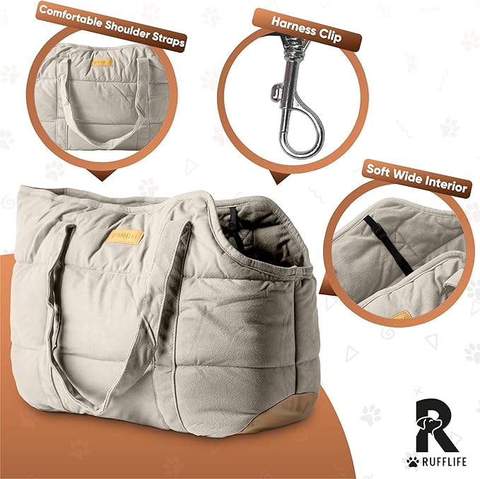Cozy Plush Pet Carrier Purse - Secure Harness Clip, Lightweight Tote Design for Small Dogs and Puppies (Cream)