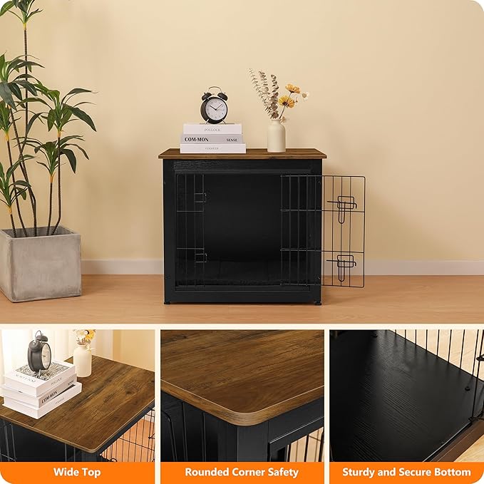 DWANTON Dog Crate Furniture with Cushion, Wooden Dog Crate with Double Doors, Dog Furniture, Dog Kennel Indoor for Small Dog,End Table, 27.2" L, Black+Warm Brown