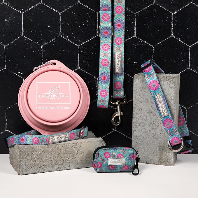 Lucky Love Dog, Boho Chic Martingale Dog Collar for Girl Boy Dogs, Premium No Slip Collar, Vivid Pink and Turquoise Martingale Collar for Dogs (Large, Clara Mart)