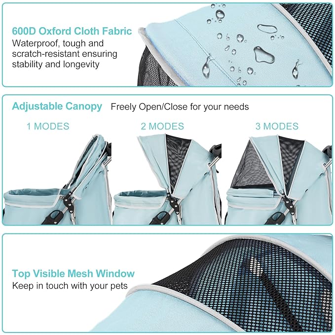 Pet Stroller for Medium Small Dogs and Cats, Folding Puppy Stroller Dog Cat Cage Jogger Stroller with Cup Holder and Storage Basket, 3 Wheels, Light Blue