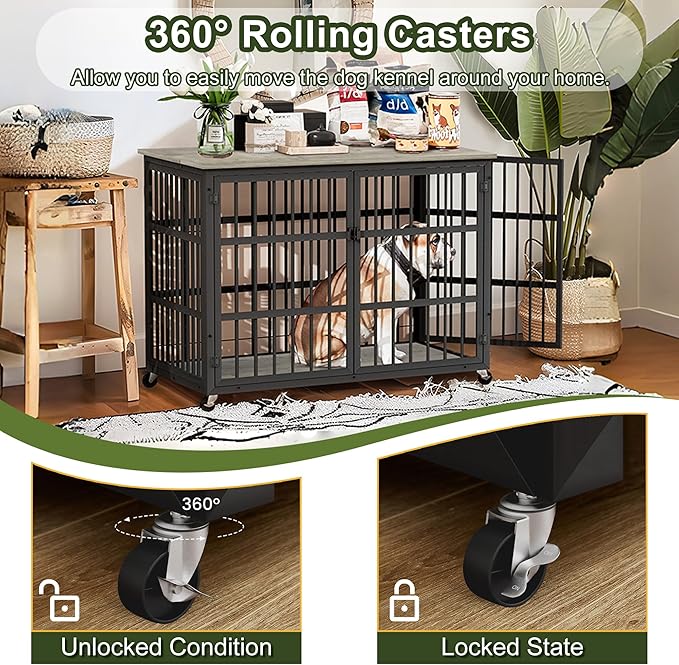 NicBex Dog Crate Furniture, 43.3" L Double Doors Flip-Top Kennel for Large Dogs, Grey
