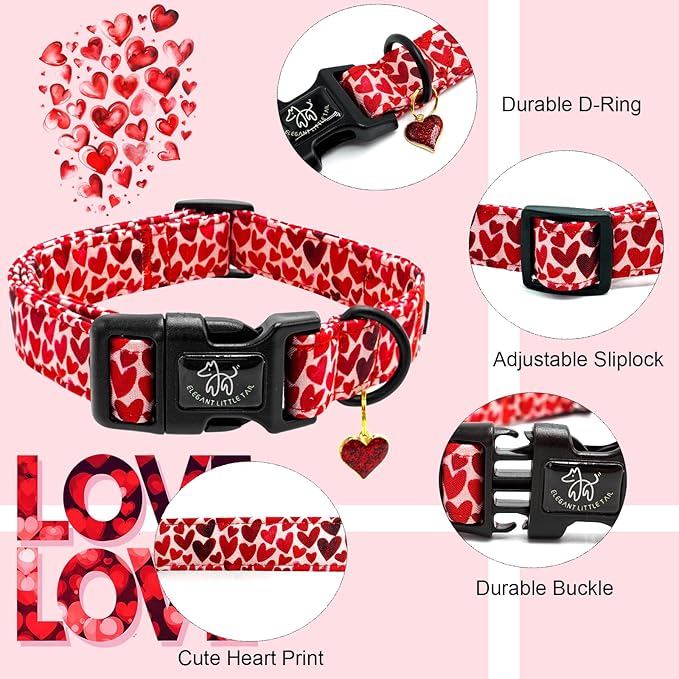 Elegant little tail Valentine's Day Dog Collar-Cute Red Heart Dog Collar for Small Dogs, Female or Male Adjustable Cotton Pet Collar with Quick Release Buckle for Small Medium Large Dogs