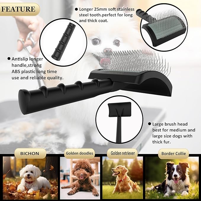 Slicker Brush for Goldendoodles - Gentle Soft Pins for Thick and Long Fur, Poodles Grooming, Fluff Removal, Detangling Shedding Hair, 25mm(1")