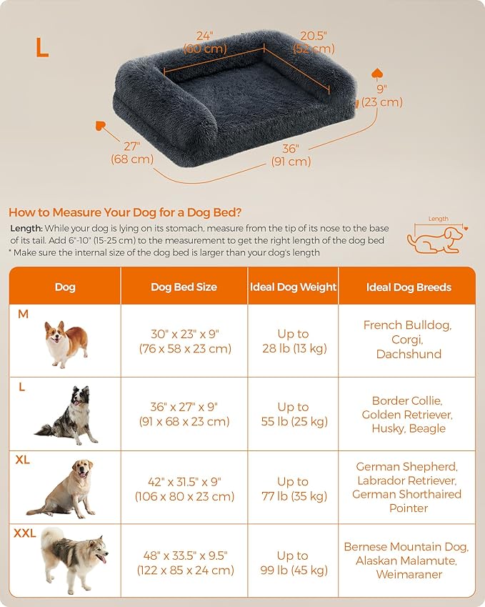 Feandrea Dog Bed, Orthopaedic Dog Sofa Bed for Medium Dogs, Waterproof Ped Bed with Removable Washable Cover, 36 x 27 x 9 Inches, Dark Gray UPGW232G02