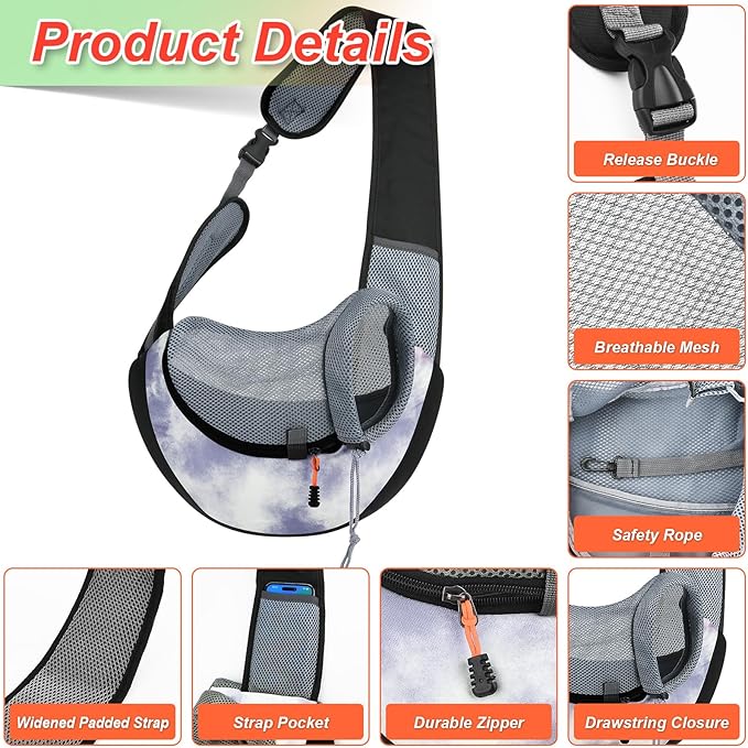 Cosmos Pet Dog Sling Carrier Breathable Mesh Pet Sling Bag Travel Pet Safe Carrier Hand Free Puppy Satchel with Padded Strap and Safety Rope for Small Dogs Cats Puppies to Outdoor Travel (Grey Blue)