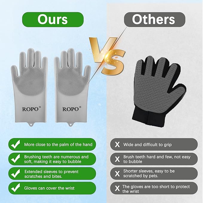 ROPO silicone gloves for pet grooming, multi-functional gloves for pet hair shedding, bathing, and massage (Grey)