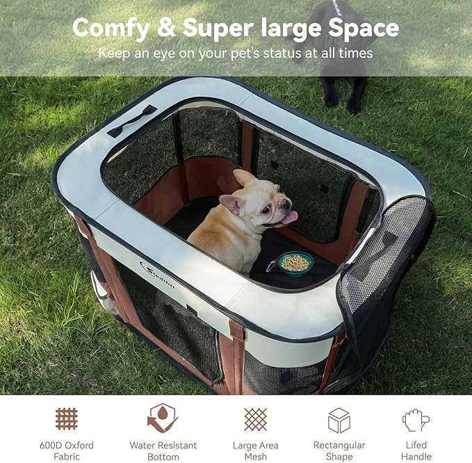Dog Cat Playpen28/31/35in, Pet Puppy Portable Playpens for Outdoor Travel Crate, Indoor After Surgery Use, Foldable Dog Kennel Tent for Rabbit or Small Animals and Tent Stakes(Brown, Small)