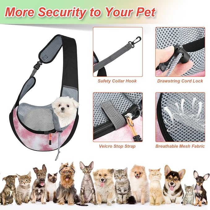 Cosmos Pet Dog Sling Carrier Breathable Mesh Pet Sling Bag Travel Pet Safe Carrier Hand Free Puppy Satchel with Padded Strap and Safety Rope for Small Dogs Cats Puppies to Outdoor Travel (Pink)