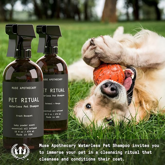 Muse Apothecary Pet Ritual Aromatic Waterless Dog Shampoo - No Rinse Dry Shampoo for Dogs & Cats - Essential Oils Infused, 16oz, Lavender Fields