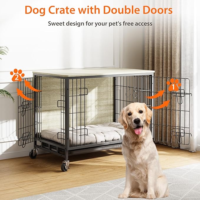 2024 Dog Crate Furniture, 38.6" Double-Doors Dogs Kennel Indoor with Removable Tray and Wheels, Wooden Dog Crates for Large Dogs, Large Dog Crate, Decorative Dog Cage End Table, Rustic Gray
