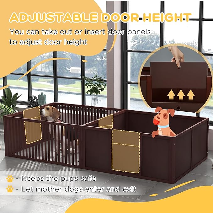 PawHut Whelping Box for Dogs Built for Mother's Comfort, Dog Whelping Pen with Removable Doors, Puppy Playpen for Indoors, Newborn Puppy Supplies & Essentials, 81" x 39" x 20", Coffee