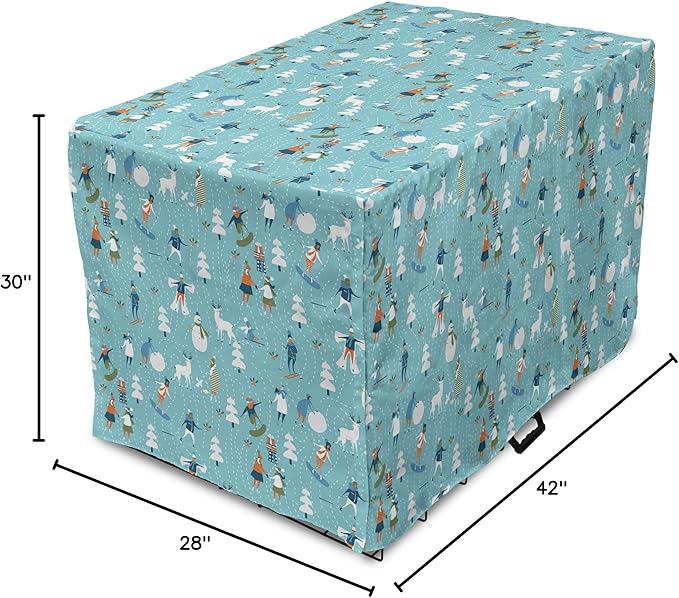 Lunarable Christmas Dog Crate Cover, Winter Games Theme Pattern with Snowman Trees Snowboard Reindeer and Adults, Easy to Use Pet Kennel Cover for Medium Large Dogs, 42 Inch, Multicolor