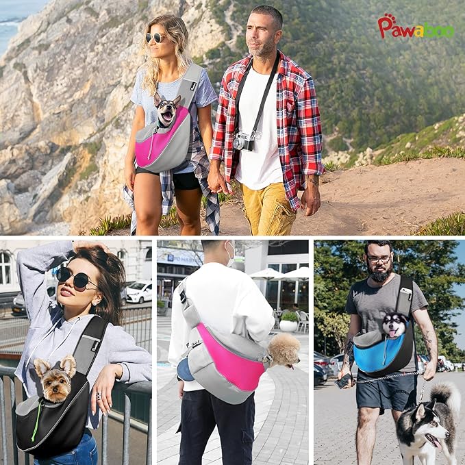 Pawaboo Pet Dog Sling Carrier, Hand Free Drawstring Dog Papoose with Adjustable Strap, Breathable Mesh Bag for Puppy Cat, Crossbody Satchel Dog Purse with Pocket for Outdoor Travel, Light Blue, Large