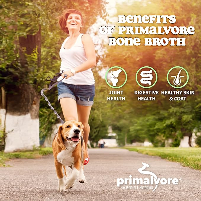Primalvore All-Natural Duck Bone Broth for Dogs &Cats, Mobility Formula w/Collagen Peptides for Hip & Joints, Digestion, Skin & Coat and Hydration. Grain Free, Human Grade, Made in USA. Duck 6 Pack