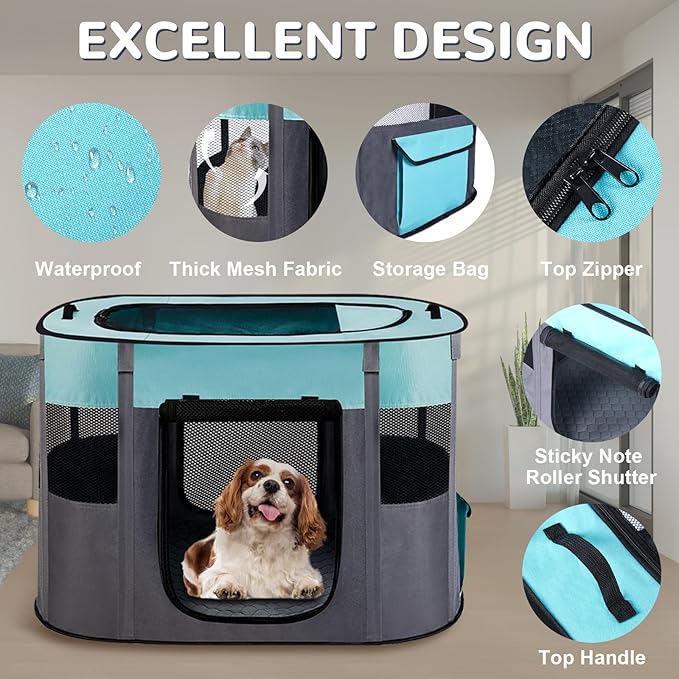 Portable Dog Playpen,Foldable Dog Cat Kennel Tent Cage,Dog Cat Rabbit Crates for Travel Water-Resistant Breathable Shade Cover,Indoor Outdoor Travel Camping Use for Small Puppy Pet Green L