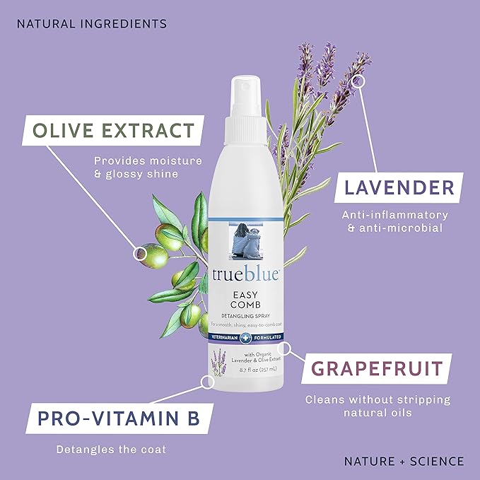 TrueBlue Lavender & Olive Extract Easy Comb Dog Hair Detangling Spray – Detangles, Conditions Coats for Dogs, Puppies, Cats – Moisturizing, Toxin Free, Natural Botanical Blend – 8.7 Fl. Oz.