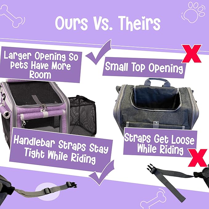 Dog Bike Basket, Mesh Windows, 2 Safety Leashes, Soft Sided, Safe Comfortable Pet Carrier for Small Dogs, Cats (Purple)