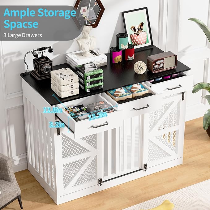 48'' Large Dog Crate Furniture with Divider and 3 Drawers, Wooden Double Dog Cage TV Stand with 2 Sliding Barn Doors, Extra Large Dog Cage Table, Sturdy Dog Kennel Indoor(White)