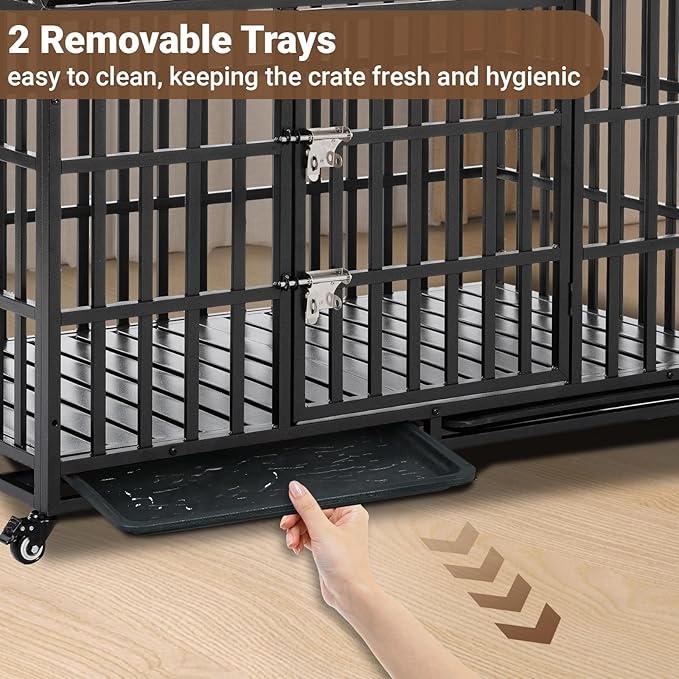 Heavy Duty Dog Crate, Escape Proof Dog Cage for Large Extra Large Dogs, 52 Inch, Dog Kennel Indoor with Lockable Wheels, Indestructible Dog Crates with Removable Trays, High Anxiety