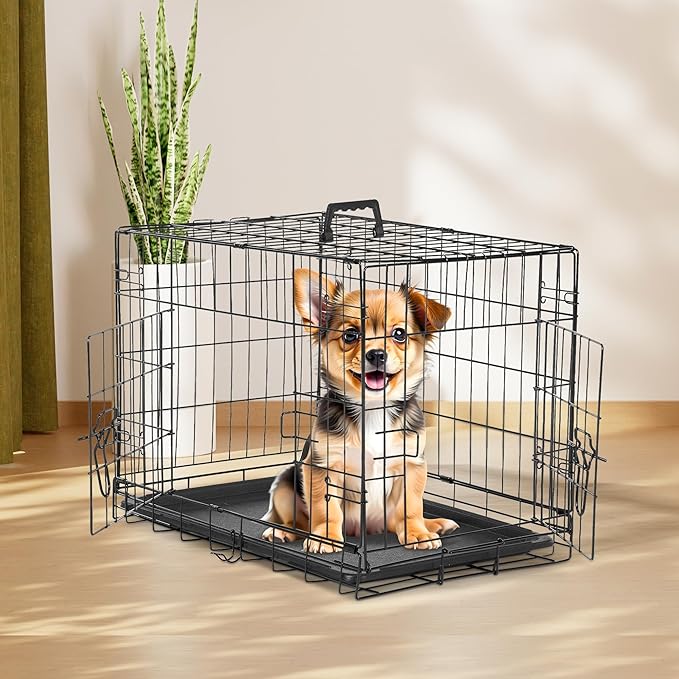 HealSmart 24" Small Dog Crate with Divider, Portable Pet Kennel, Double Door Folding Metal Wire Cage with Leak-Proof Plastic Tray, Indoor, Outdoor and Travel, Black