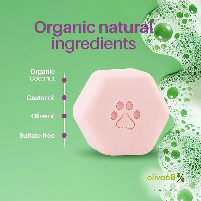 Natural Dog Shampoo Bar with Roses and Geranium | Eco-Friendly, Long-Lasting Dog Bath | Sulfate-Free, Nourishing Oils for Shiny Coat | Dog Essentials | Oliva 60